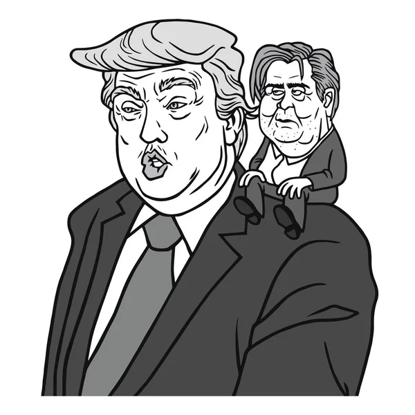 Donald Trump en Steve Bannon zwart en wit Cartoon karikatuur Vector — Stockvector