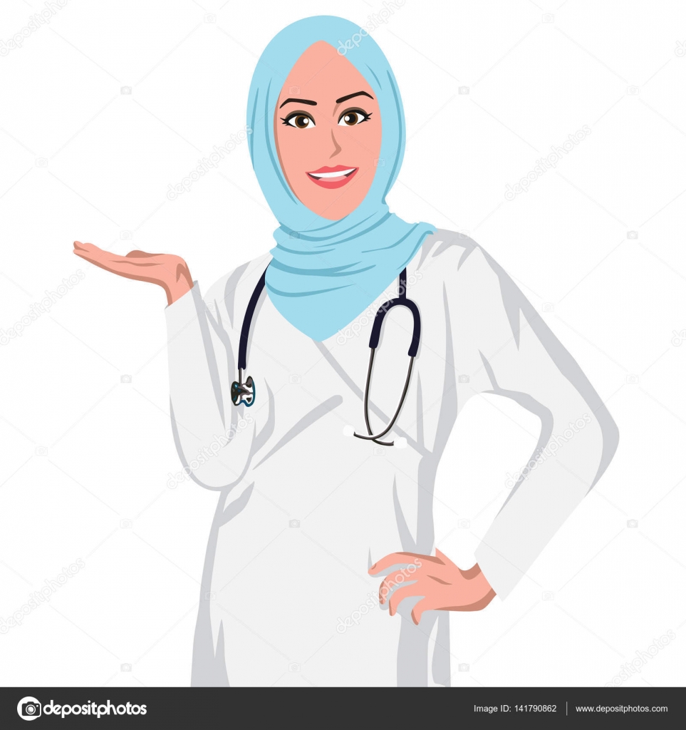 Beautiful Muslim Doctor Wearing Hijab. Flat Design Vector 