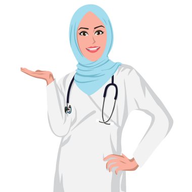Güzel Müslüman doktor Hijab giyen. Düz tasarlamak vektör