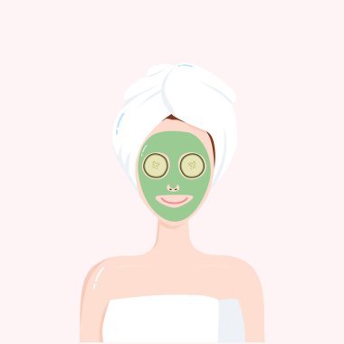 Kadın güzellik maskesi yüzünde kafa havluya ile. Matcha, avakado, yeşil çay, salatalık yüz tedavi. Vektör çizim