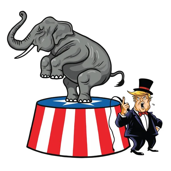 Donald Trump e l'elefante repubblicano. cartone animato, illustrazione vettoriale della caricatura — Vettoriale Stock