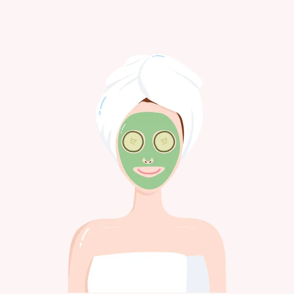 Mulher com máscara de beleza no rosto com toalha na cabeça. Matcha, Abacate, Chá Verde, Pepino Tratamento Facial. Ilustração vetorial —  Vetores de Stock