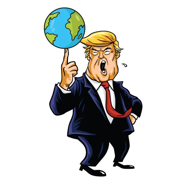 Donald Trump Cartoon Playing Globe. Illustrazione della caricatura vettoriale Ritratto — Vettoriale Stock