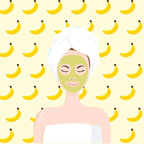 Dívka krása obličeje banánová maska. Vektorové ilustrace plochý Design — Stockový vektor