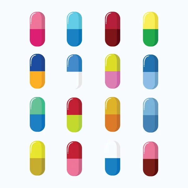 Set of Pills, Capsules Colourful Vector Illustration. Isolated on White — Stock Vector