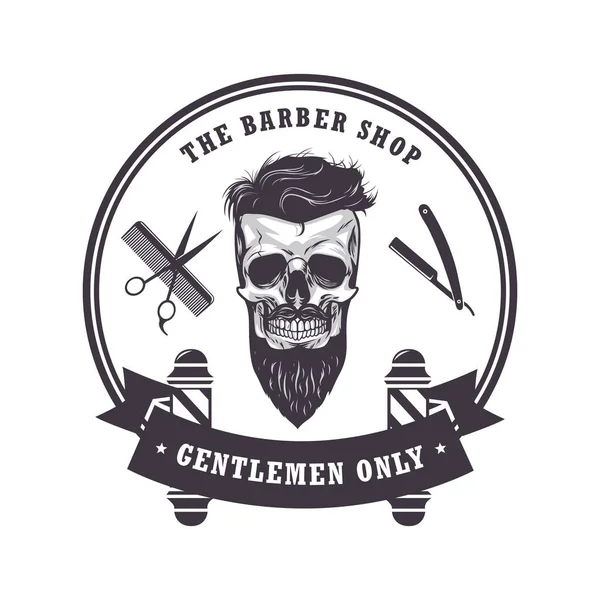Skull Barber Shop Logo Retro VIntage Design Template. Ilustração vetorial — Vetor de Stock