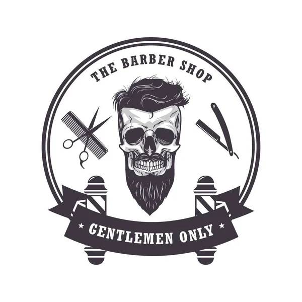 Czaszka Barber Shop Logo Retro Vintage Design szablon. Ilustracja wektorowa — Wektor stockowy