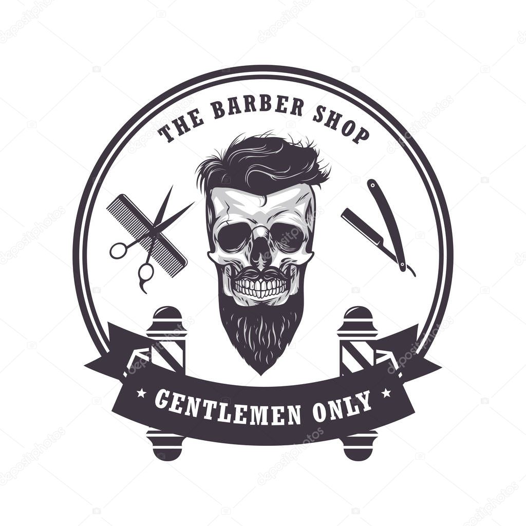 Skull Barber Shop Logo Retro VIntage Design Template. Vector Illustration