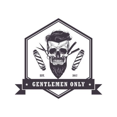 Kafatası kuaför dükkanı altıgen Logo Retro Vintage tasarım şablonu vektör 