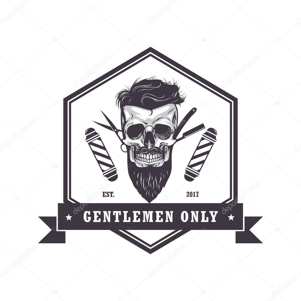 Skull Barber Shop Hexagonal Logo Retro Vintage Design Template Vector 