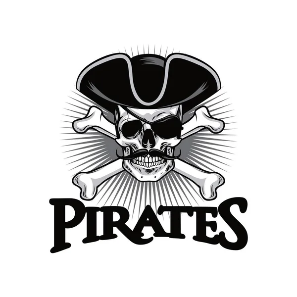 Czaszce pirata z wąsem krzyż kapelusz kości i ilustracji wektorowych Eyepatch Logo Design — Wektor stockowy