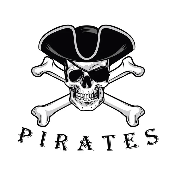 Czaszce pirata z krzyż kapelusz kości i ilustracji wektorowych Eyepatch Logo Design — Wektor stockowy