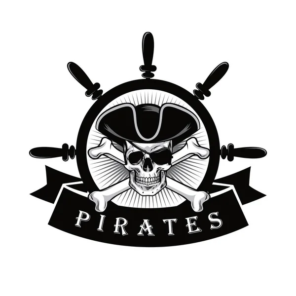 Czaszce pirata z Eyepatch i statek ster Logo Design ilustracja wektorowa — Wektor stockowy