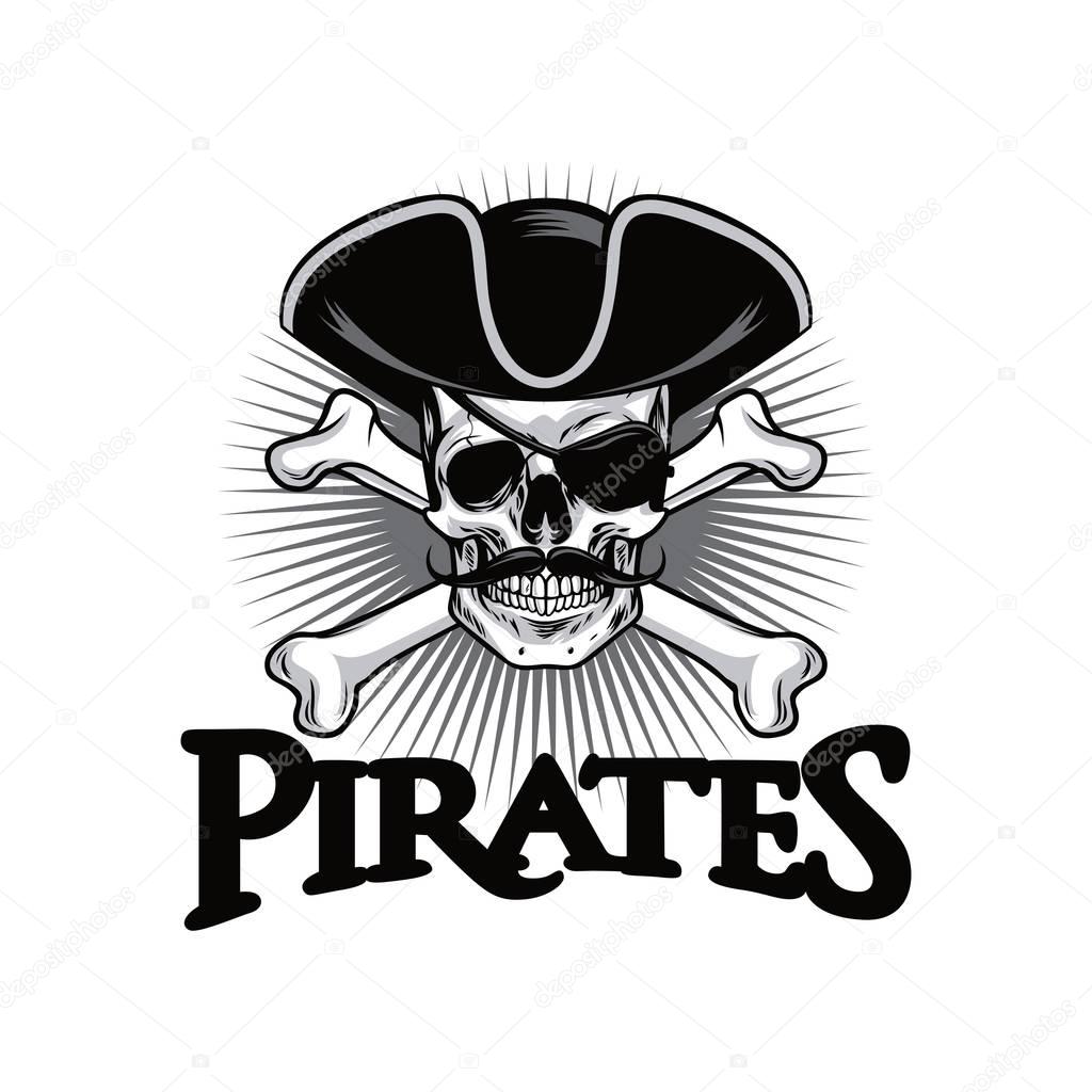 Pirate Skull With Mustache Cross Bones Hat And Eyepatch Logo Design Vector Illustration Clipart