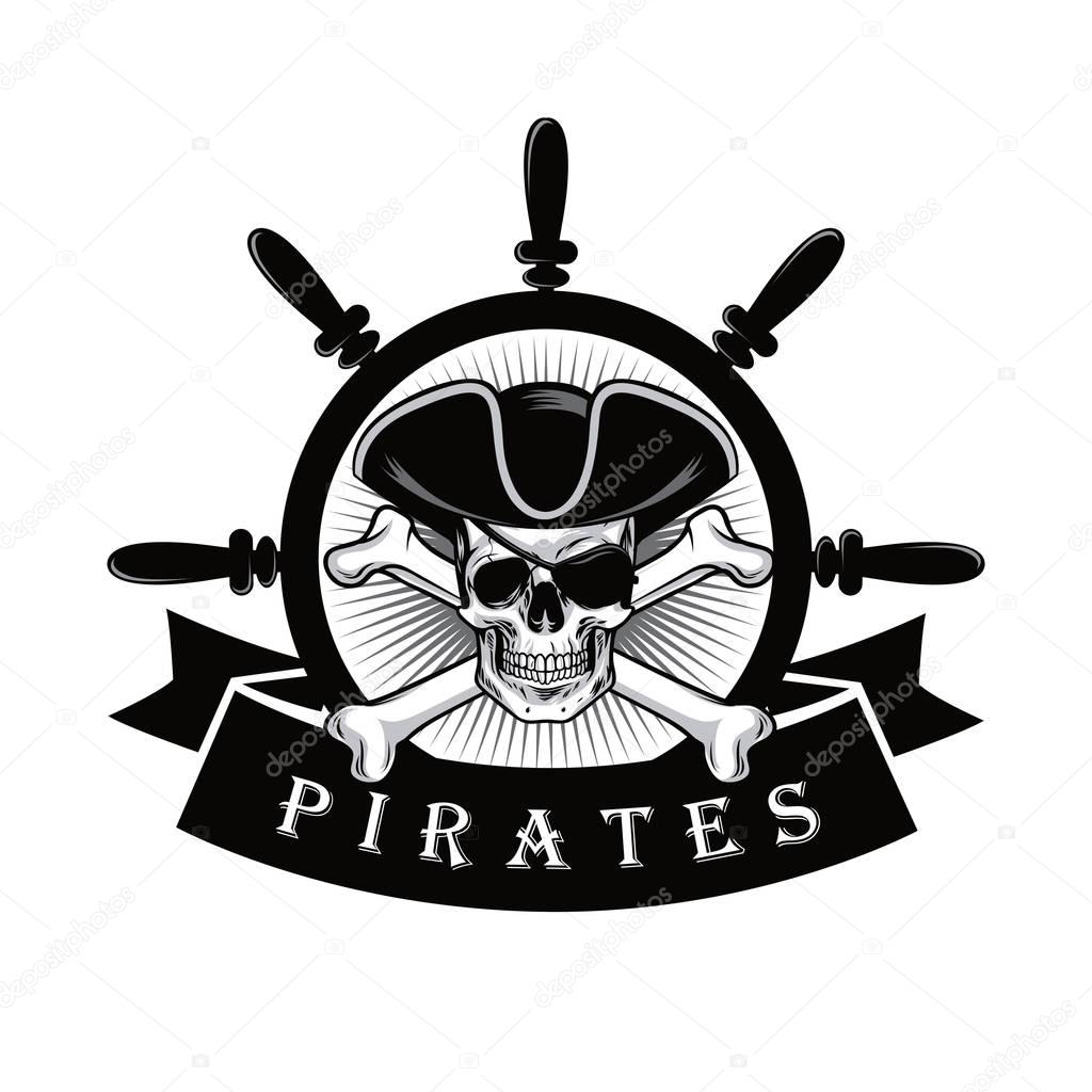 Pirate Skull With Eyepatch And Ship Helm Logo Design Vector Illustration