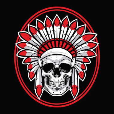 Skull of Indian Native American Warrior Vector With Red Feather clipart