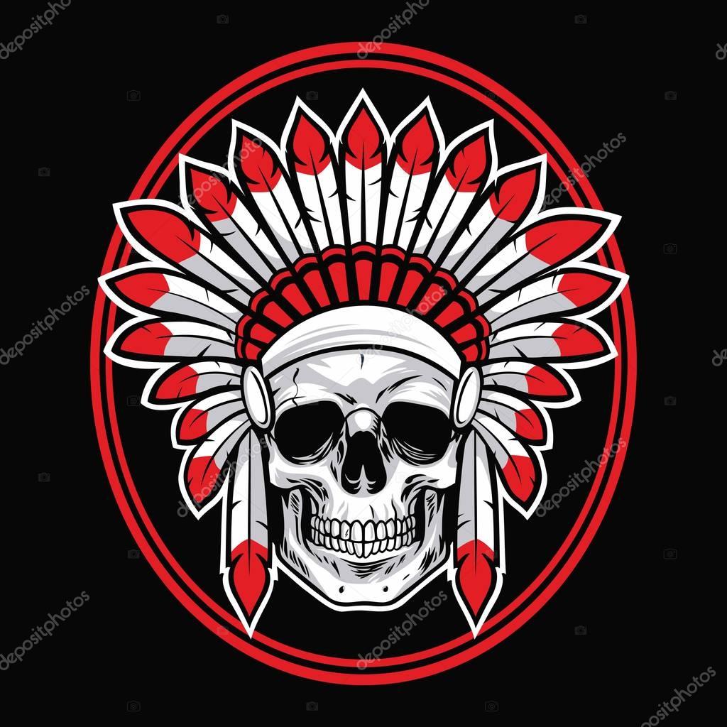 Skull of Indian Native American Warrior Vector With Red Feather Logo