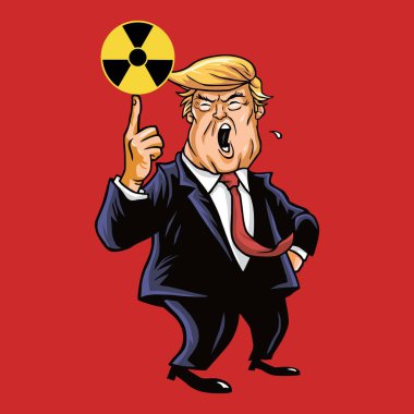 Donald Trump nükleer işareti ile. Vektör karikatür. 7 Nisan 2017