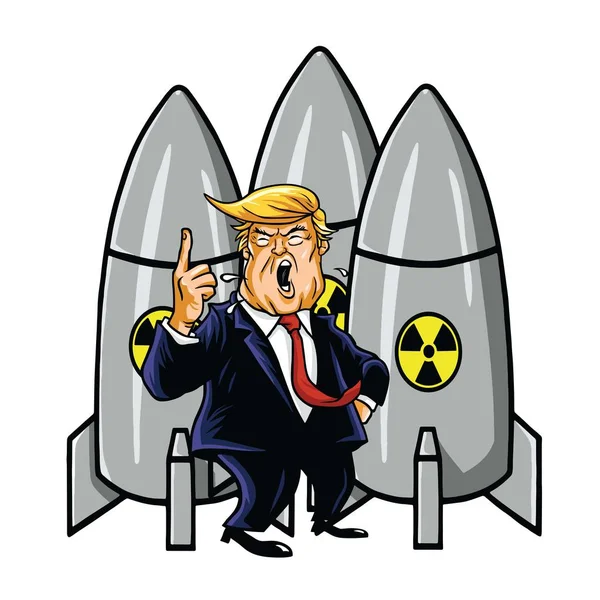Donald Trump con armas nucleares. Ilustración de vectores de dibujos animados — Archivo Imágenes Vectoriales