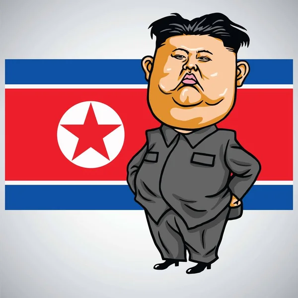 Kim Jong-un Cartoon con bandiera della Corea del Nord. Illustrazione vettoriale — Vettoriale Stock
