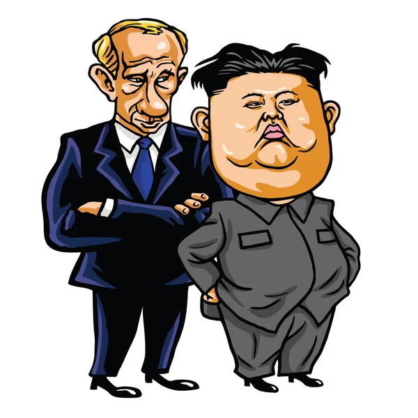 Kim Jong-un con Vladimir Putin. Illustrazione del vettore del fumetto. maggio 17, 2017 — Vettoriale Stock