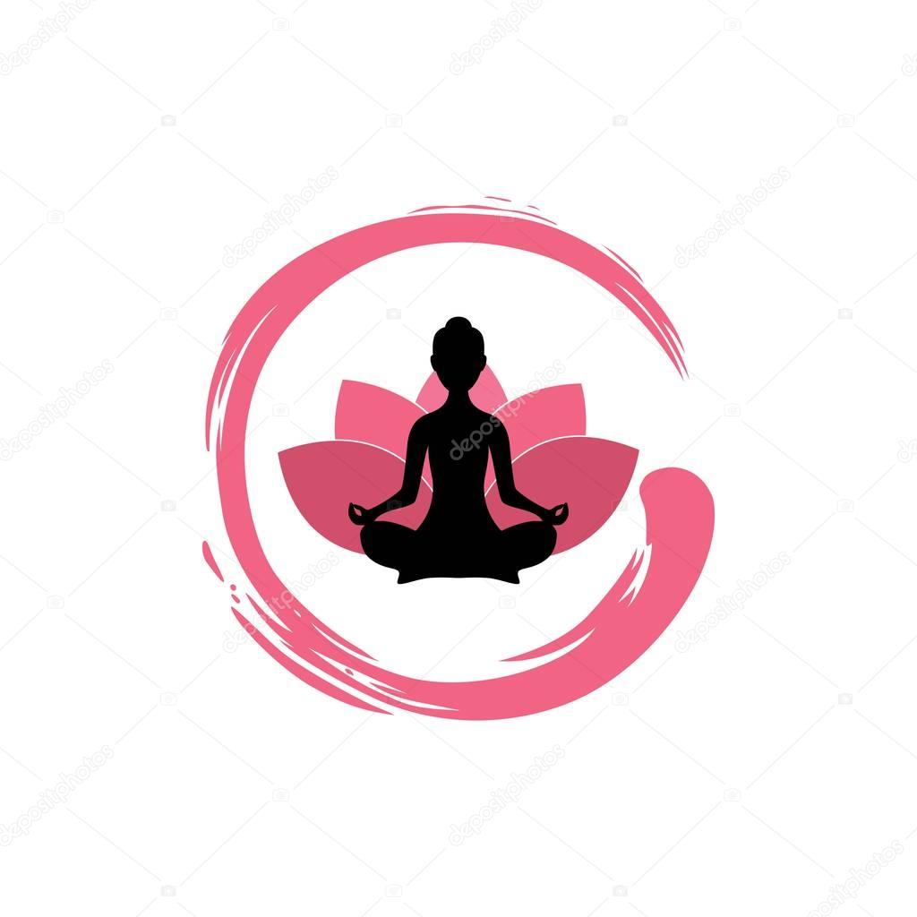 Yoga Woman Silhouette, Lotus Flower with Zen Logo Design Template Vector