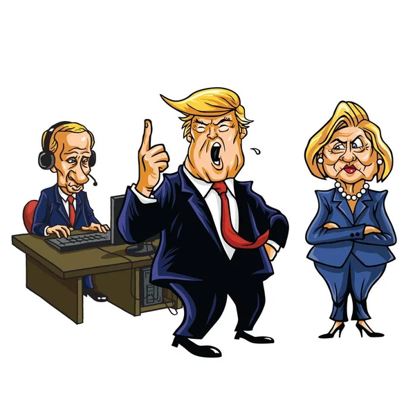 Donald Trump, Vladimir Putin, and Hillary Clinton Cartoon. June 2, 2017 — Stock Vector