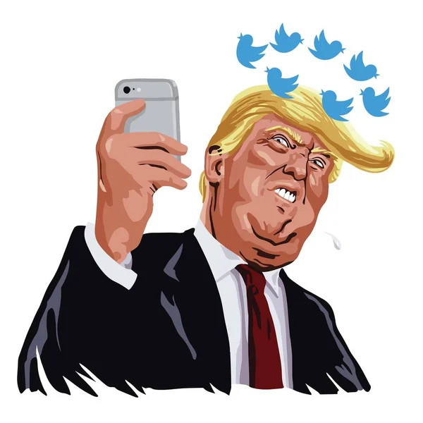 Donald Trump a Social Media-frissítéseket. Rajzfilm vektor karikatúra illusztráció — Stock Vector