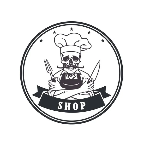Totenkopf-Koch grinst mit Gabel, Messer und Hut. Logovorlage für Restaurants. Kreisvektorzeichnung — Stockvektor