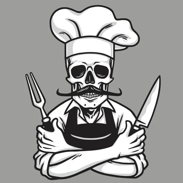 Dead Skull Chef sonriendo con tenedor, cuchillo y sombrero. Dibujo vectorial — Archivo Imágenes Vectoriales