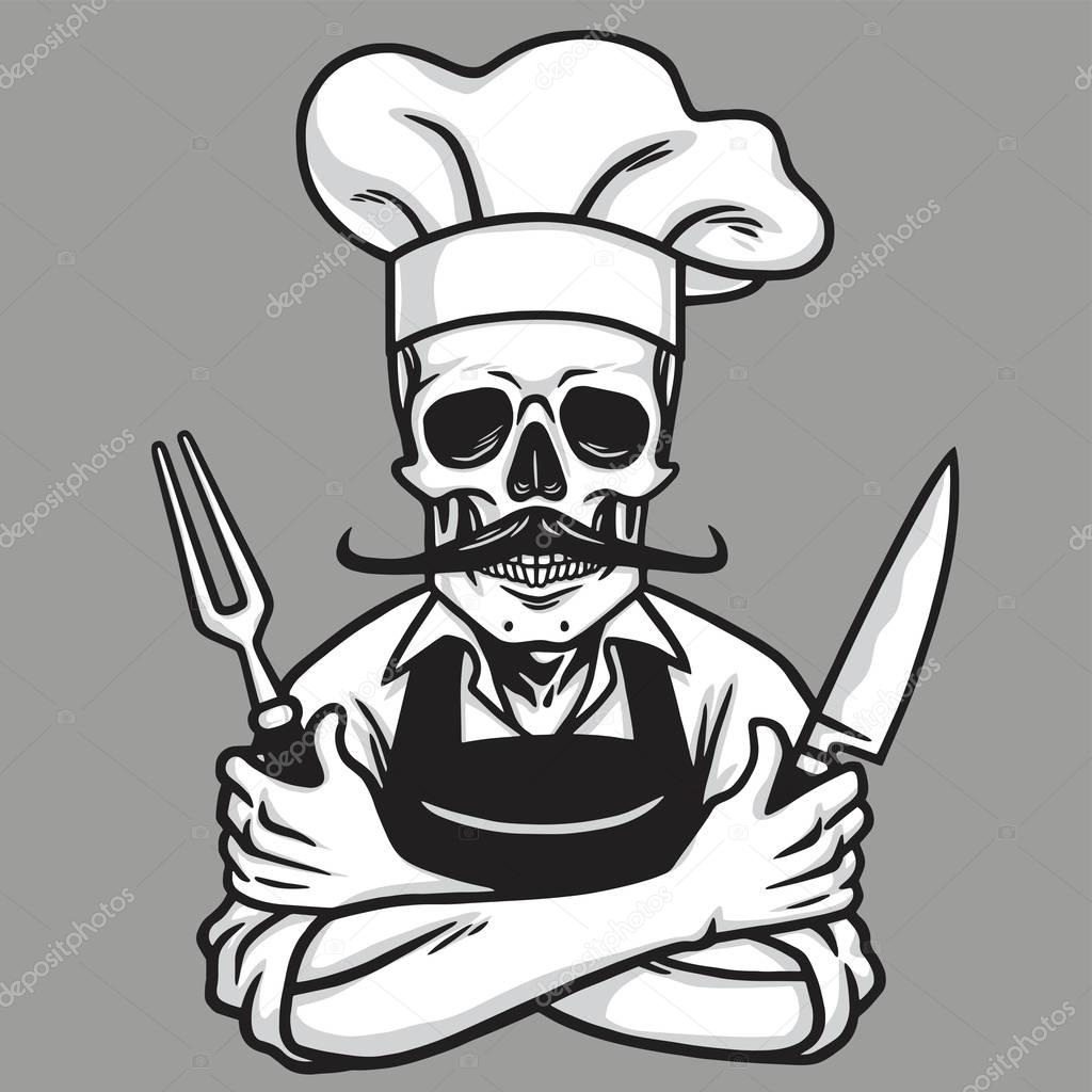 Dead Skull Chef Grinning with Fork, Knive, and Hat. Vector Drawing