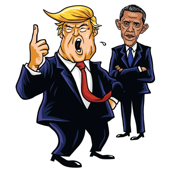 Donald Trump y Barack Obama. Caricatura de dibujos animados Vector Ilustración. junio 29, 2017 — Vector de stock