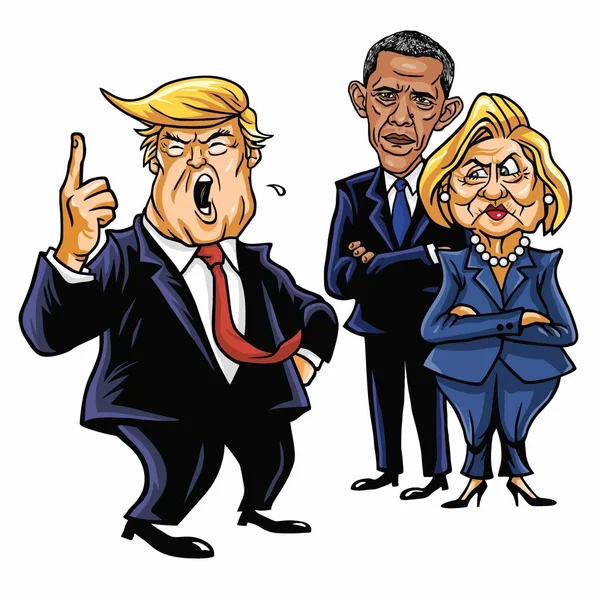 Donald Trump, Hillary Clinton és Barack Obama. Cartoon karikatúra vektoros illusztráció. 2017. június 29. — Stock Vector