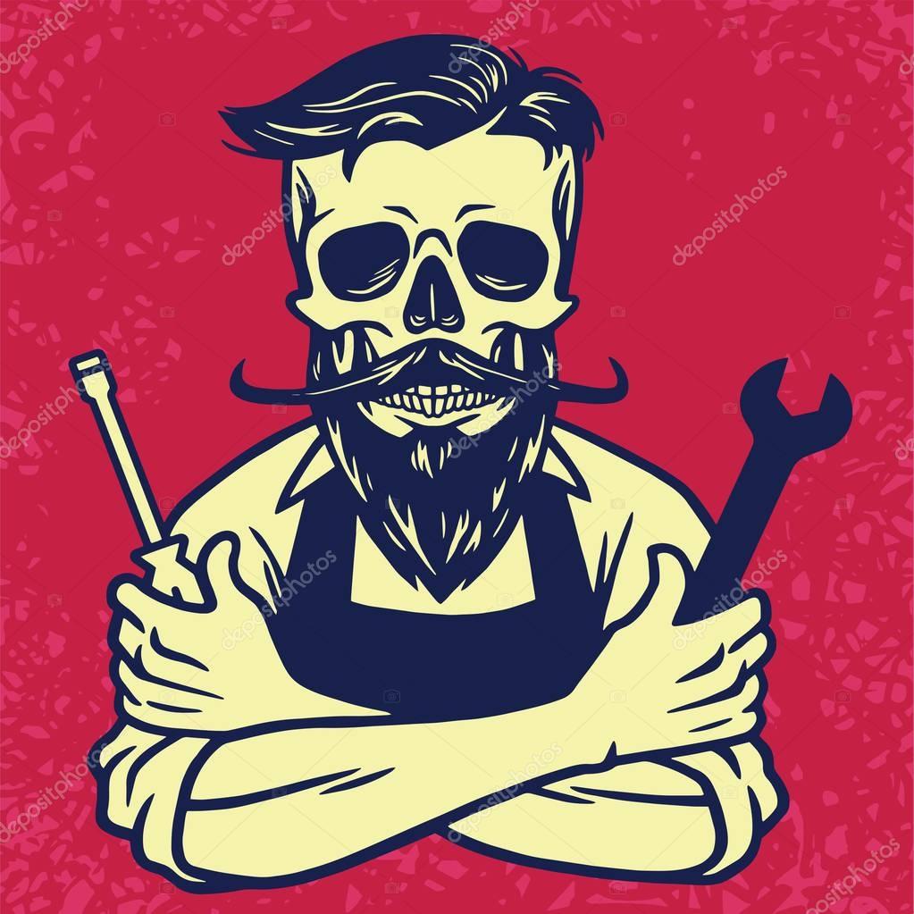 Skull Biker Mechanic Vector Design Illustration