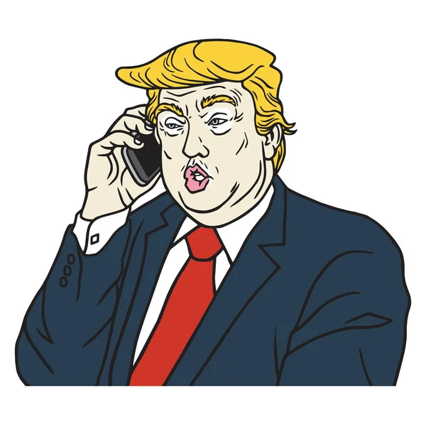 Donald Trump on Phone. Cartoon Caricature Portrait Vector Illustration. July 27, 2017 — Stock Vector