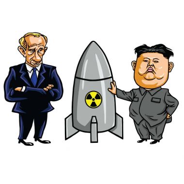  Kim Jong-un ve Vladimir Putin ile nükleer silah. Vektör karikatür çizim. 21 Eylül 2017