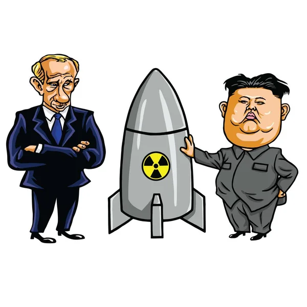 Kim Jong-un e Arma Nucleare con Vladimir Putin. Illustrazione del cartone animato vettoriale. settembre 21, 2017 — Vettoriale Stock