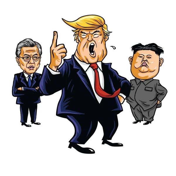 Donald Trump, Kim Jong-un, Moon Jae-in. tecknade vektorillustration. 23 september 2017 — Stock vektor