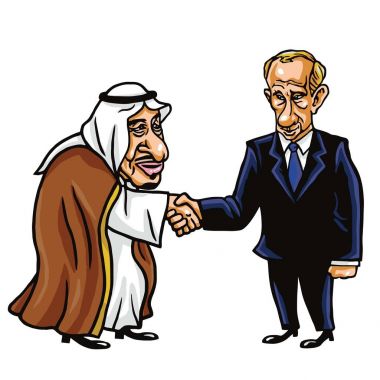 Kral Salman ve Vladimir Putin. Vektör karikatür çizim. 18 Ekim 2017