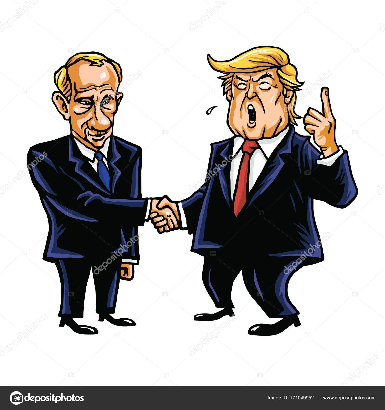 ドナルド トランプ氏は、プーチン首相と握手を交わしています。漫画似顔絵のベクター イラストです。2017 年 10 月 26 日 ストックベクター  ©doddis 171049952, image size:963x1024