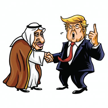 Donald Trump ile Kral Salman. Editoryal karikatür karikatür çizimi. 26 Ekim 2017