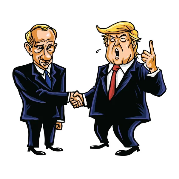 Donald Trump megrázza kezét, Vlagyimir Putyin. Cartoon karikatúra vektoros illusztráció. 2017. október 26. — Stock Vector