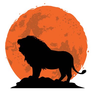  Aslan bir kayaya hırlıyor. Yan görünümü günbatımı arka plan ile. Vektör çizim 