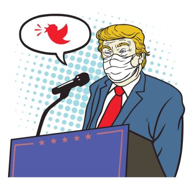 Korona Virüsü Karşıtı Coronavirüs Giyen Donald Trump Covid-19 Maskeli Konuşma Kampanyası Çizgi Film Vektör İllüstrasyonunu Tweetliyor. Washington, 1 Nisan 2020