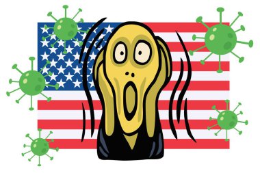 Çığlık atan insanlar Amerikan Bayrak Arkaplanı ile Coronavirus COVID-19 Illustration 'a yöneldiler. Vektör İllüstrasyonu