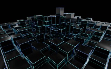 Geleceğin 3D görüntüleme teknolojisi arka planı. Cyan parlayan küplerle soyut yapı.