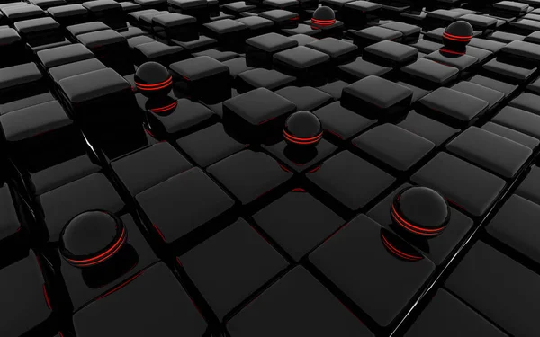 Czarny sześcian abstrakcyjny tekstury tło z świecące czerwone kule 3d ilustracja renderować — Zdjęcie stockowe