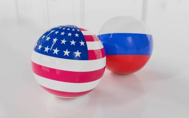 Parlak bilardo topları üzerinde soyut Rusya bayrağı ve Usa bayrağı
