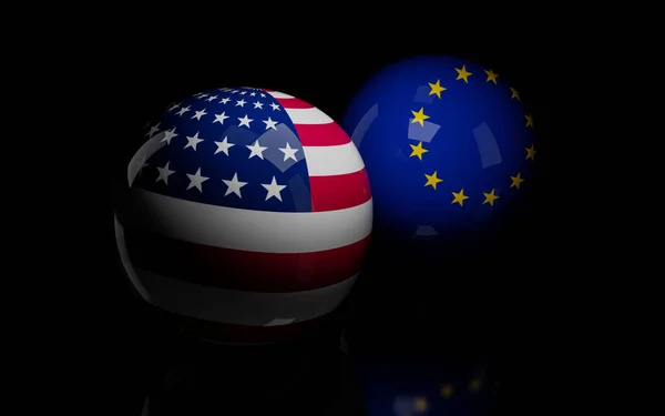 Abstraktní vlajka Evropské unie a USA na lesklých billardářských mílích 3D vykreslení ilustrace — Stock fotografie