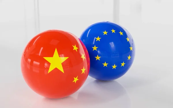 Abstraktní Republika Čína Roc vlajka a vlajka Evropské unie na lesklé kuličky billard 3d vykreslení ilustrace — Stock fotografie